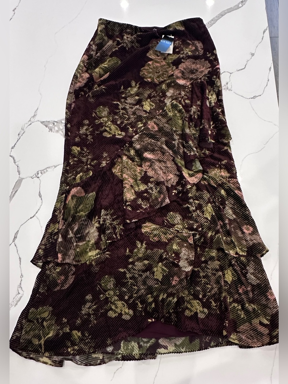 Lauren Ralph Lauren Floral Burnout Velvet Tiered Maxi Skirt Brown Sz 10 NWT - Picture 6 of 9